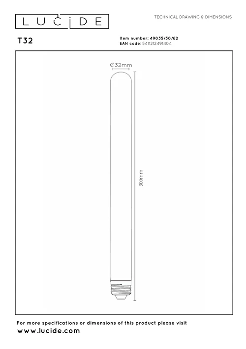 Lucide T32 - Ampoule filament - Ø 3,2 cm - LED Dim. - E27 - 1x4,9W 2200K - Ambre - technique